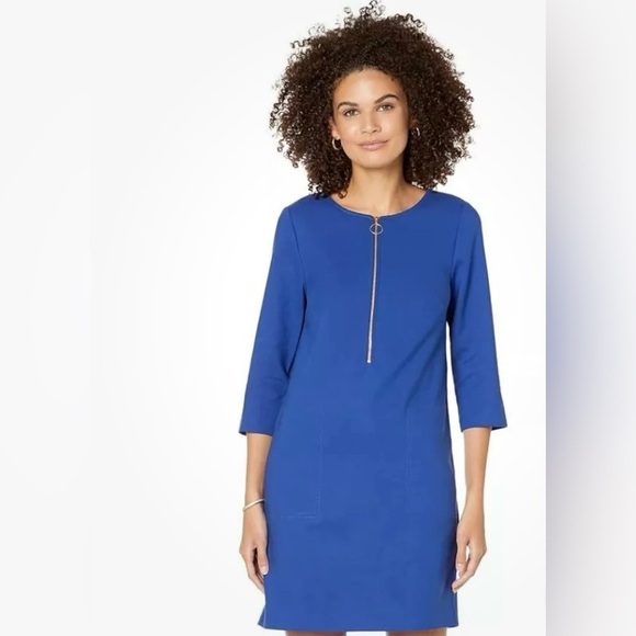 Trina Turk Versed Blue Quarter-Zip Mini Dress 3/4 Sleeve Womens Medium - Picture 1 of 11